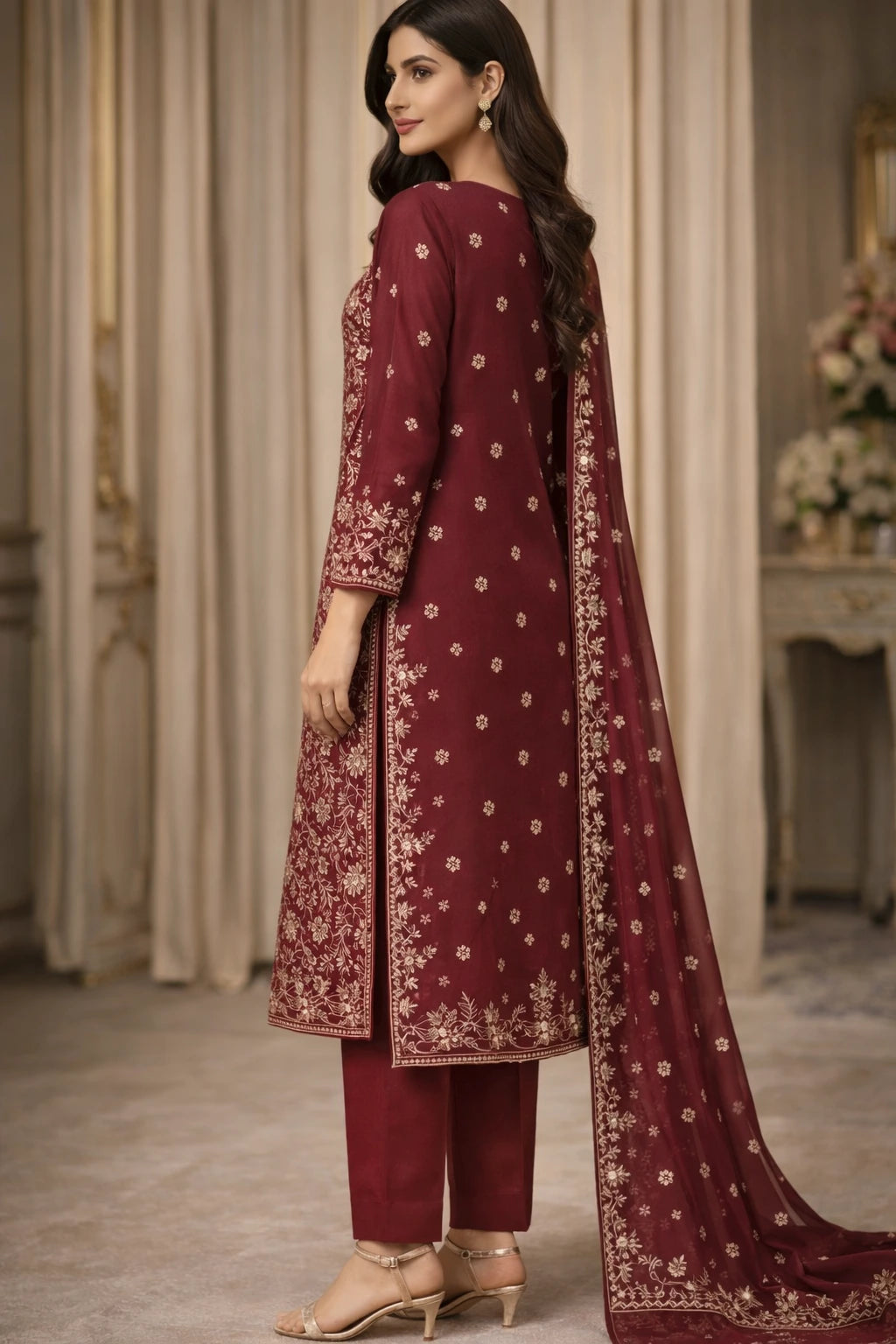 Elegant Maroon Embroidered Chiffon 3-Piece Unstitched Suit