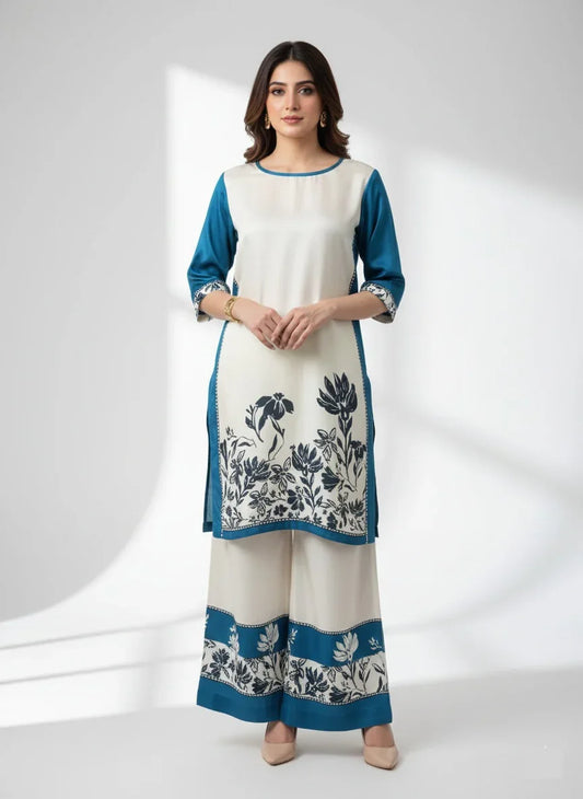Unstitched 3-piece Silk with blue and black floral designs