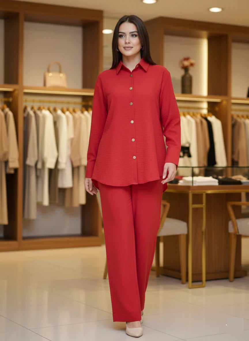 Co-Ord Set in Turkish Butter Crinkle Georgette - Short shirt-Red