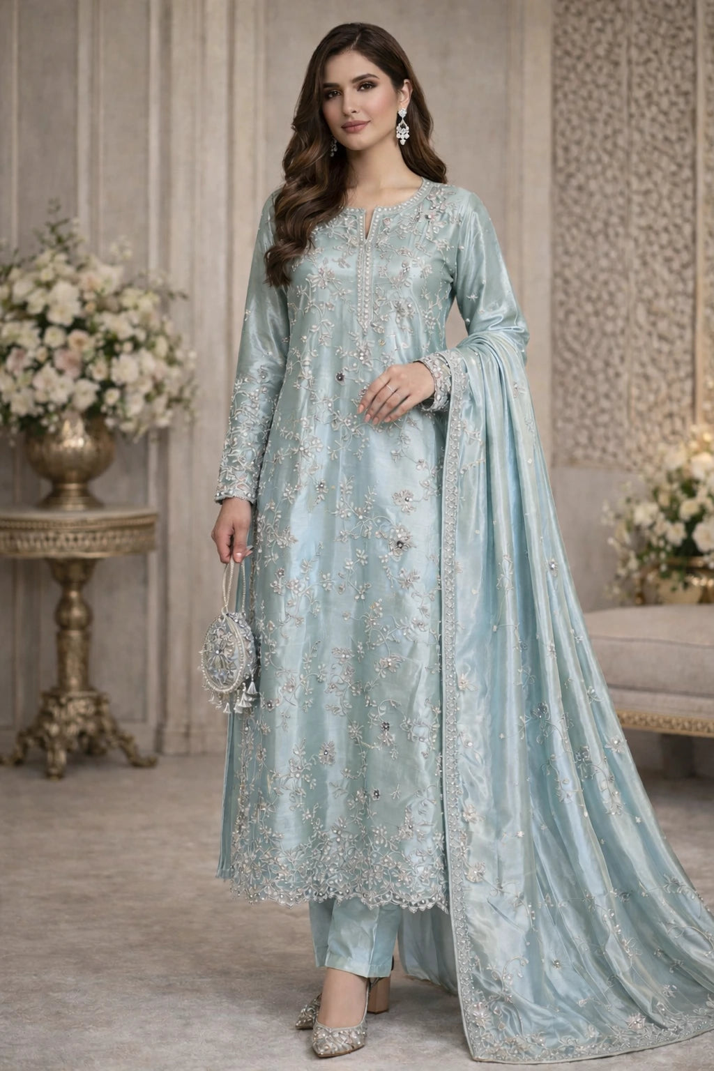 Ice Blue Sheesha Silk Embroidered 3-Piece Unstitched Suit