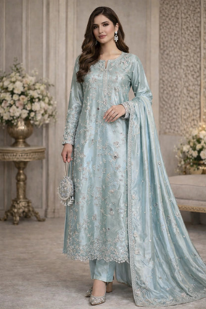Ice Blue Sheesha Silk Embroidered 3-Piece Unstitched Suit