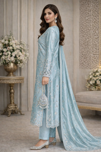 Ice Blue Sheesha Silk Embroidered 3-Piece Unstitched Suit