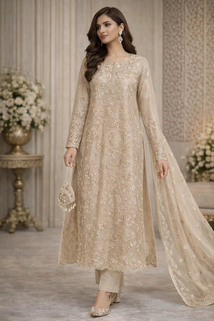 Elegant Ivory Chiffon Embroidered 3-Piece Unstitched Suit