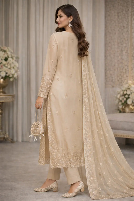 Elegant Ivory Chiffon Embroidered 3-Piece Unstitched Suit