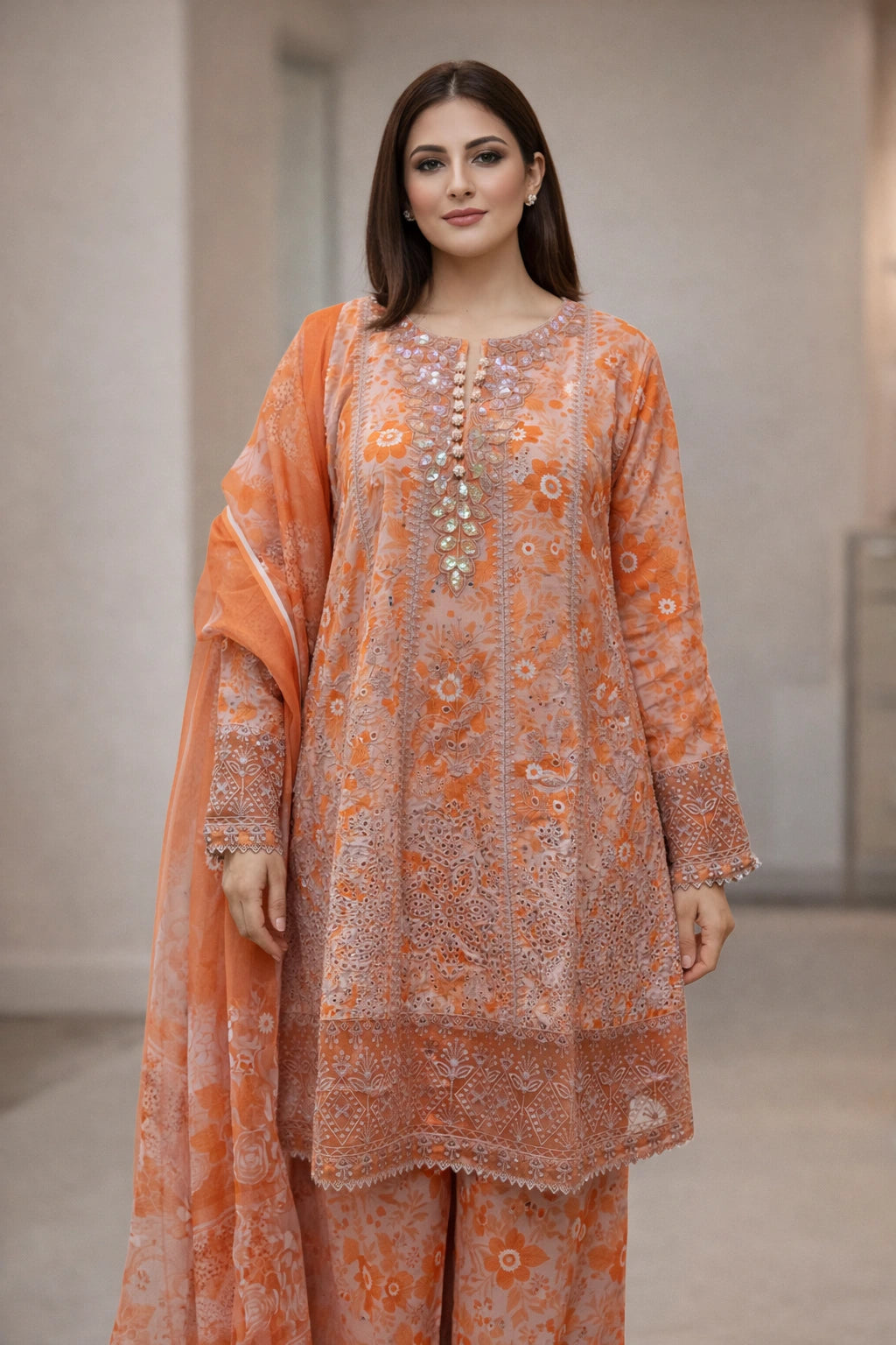 Three-Piece Embroidered Printed Lawn – Frock Style - D01