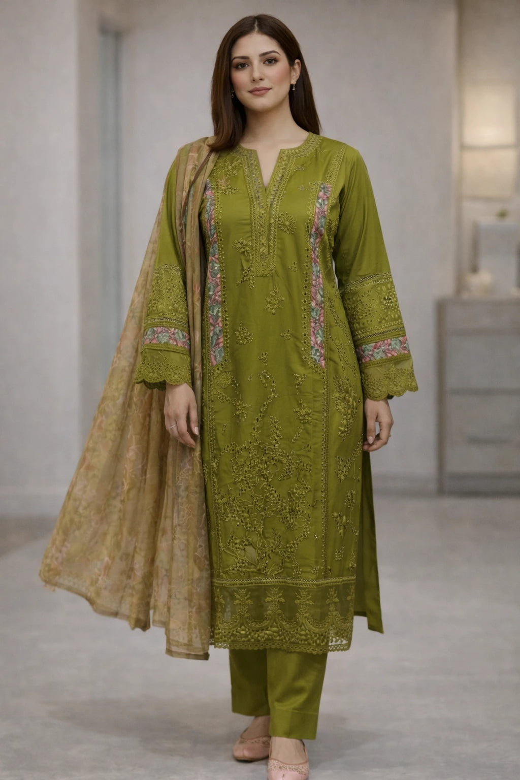 Three-Piece Embroidered Chickenkari Lawn – D04