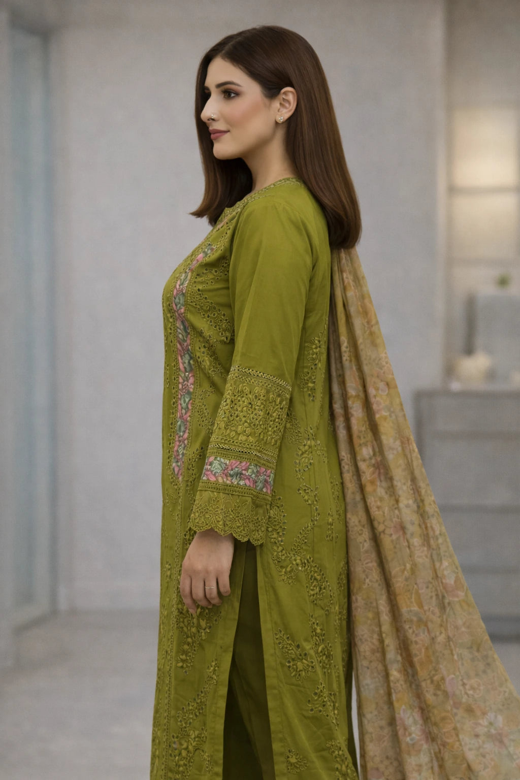 Three-Piece Embroidered Chickenkari Lawn – D04