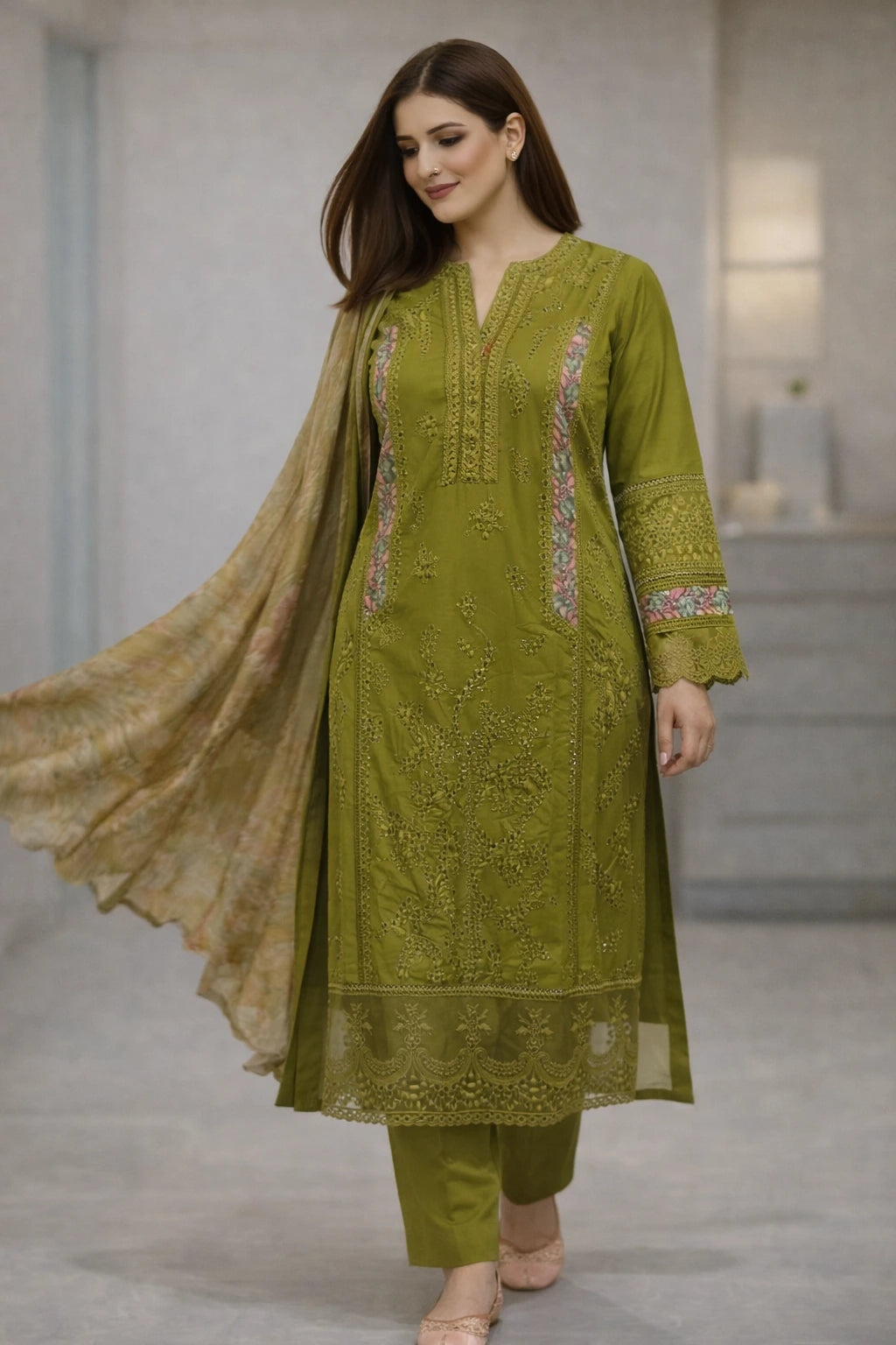 Three-Piece Embroidered Chickenkari Lawn – D04