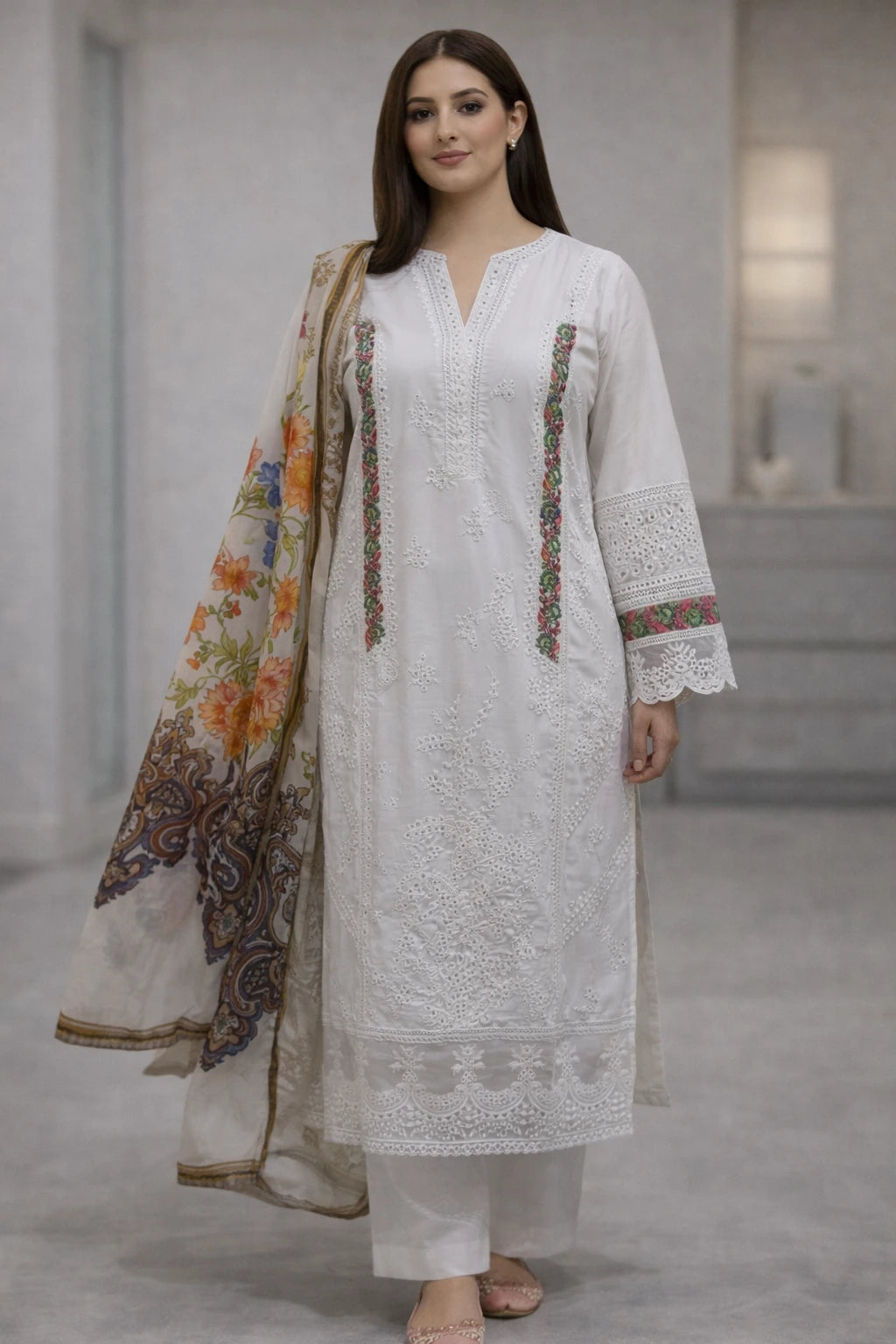 Three-Piece Embroidered Chickenkari Lawn – D05