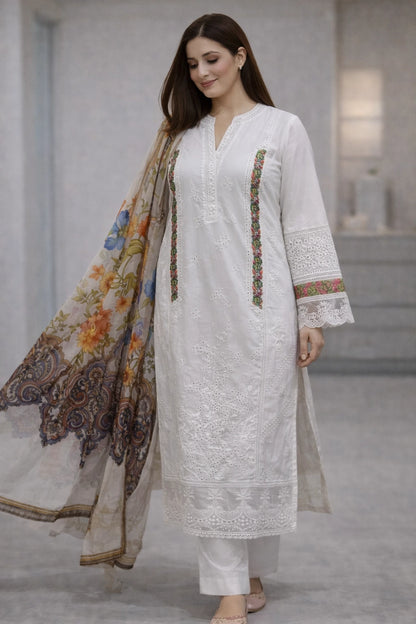 Three-Piece Embroidered Chickenkari Lawn – D05