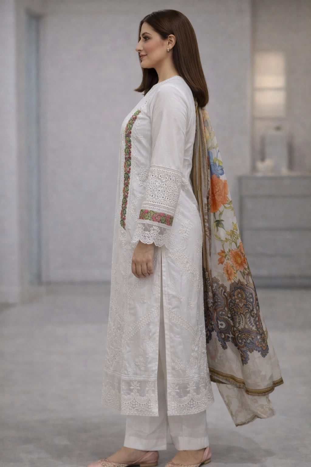 Three-Piece Embroidered Chickenkari Lawn – D05