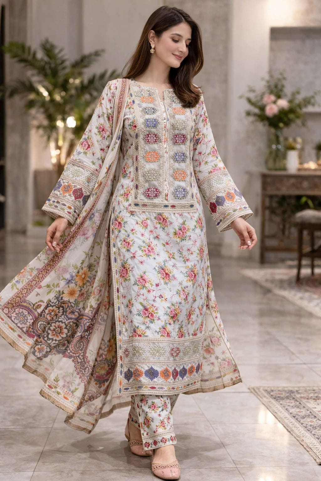 Three-Piece Embroidered Printed Lawn – D03