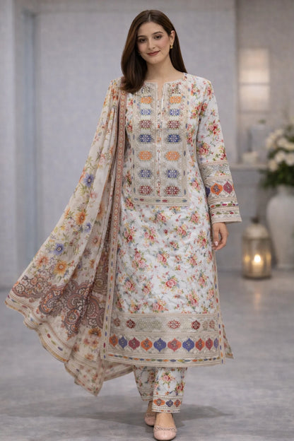Three-Piece Embroidered Printed Lawn – D03