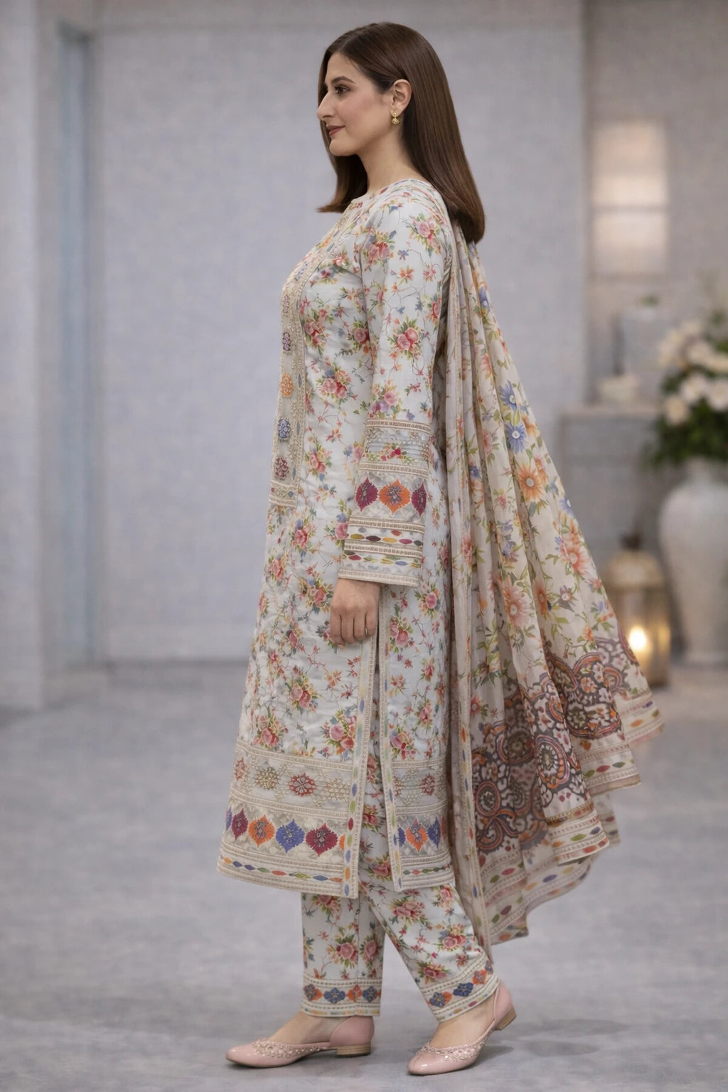 Three-Piece Embroidered Printed Lawn – D03