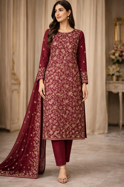 Elegant Maroon Embroidered Chiffon 3-Piece Unstitched Suit