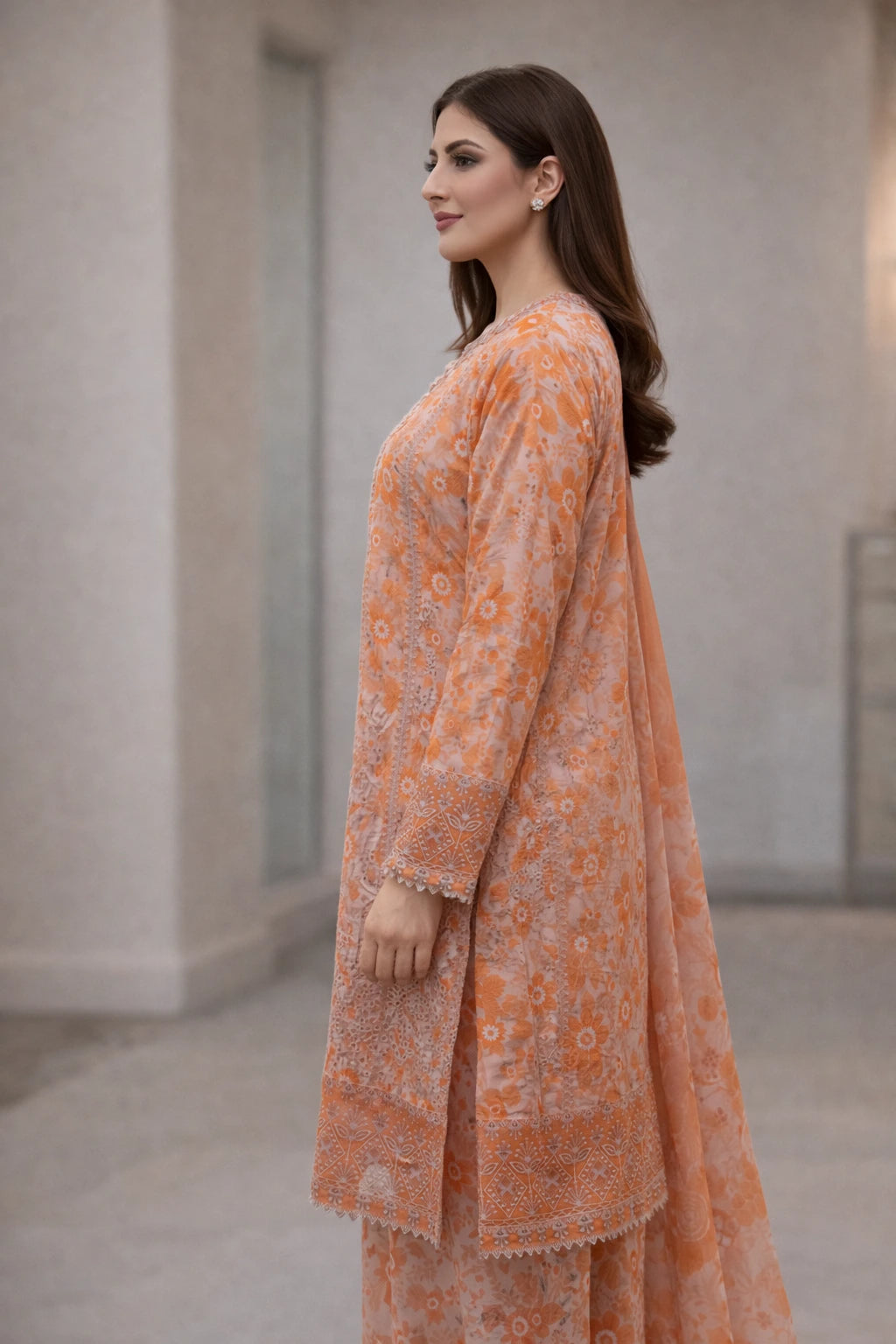 Three-Piece Embroidered Printed Lawn – Frock Style - D01