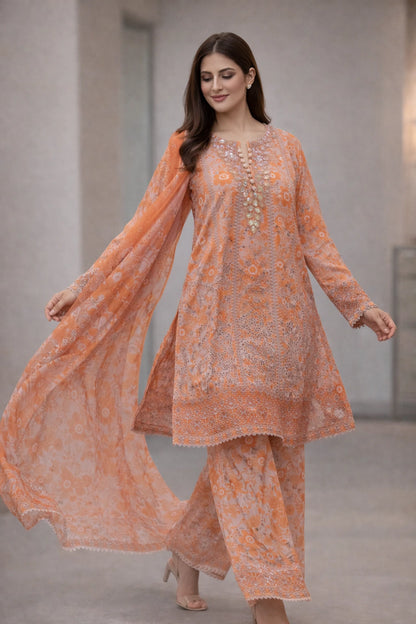Three-Piece Embroidered Printed Lawn – Frock Style - D01