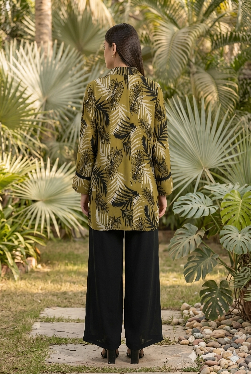 Bubble Georgette Printed Shirt with Black Straight Trousers – Summer Collection