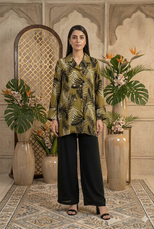 Bubble Georgette Printed Shirt with Black Straight Trousers – Summer Collection