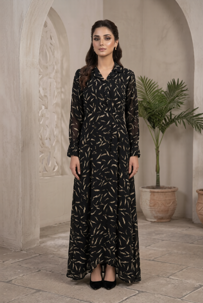 Black Printed Georgette Maxi Flowy Pakistani Maxi