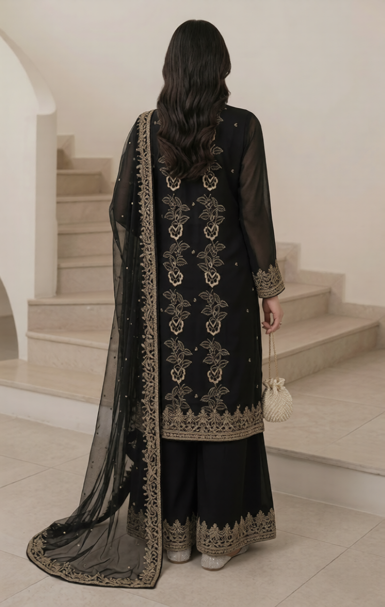 Black Chiffon Unstitched Suit – Heavy Hand Embroidered Front with Elegant Dupatta