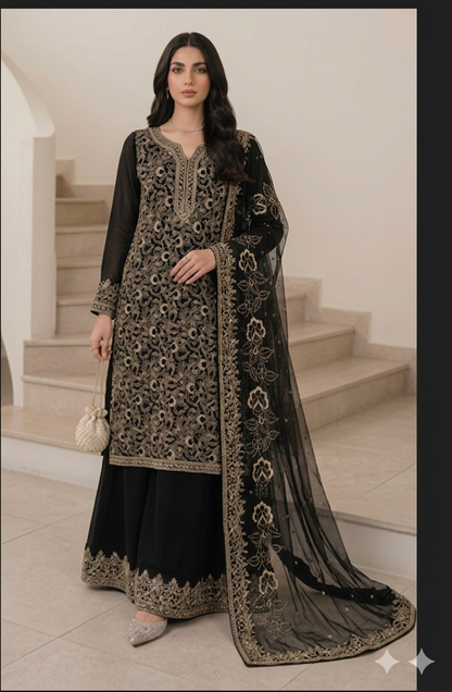 Black Chiffon Unstitched Suit – Heavy Hand Embroidered Front with Elegant Dupatta
