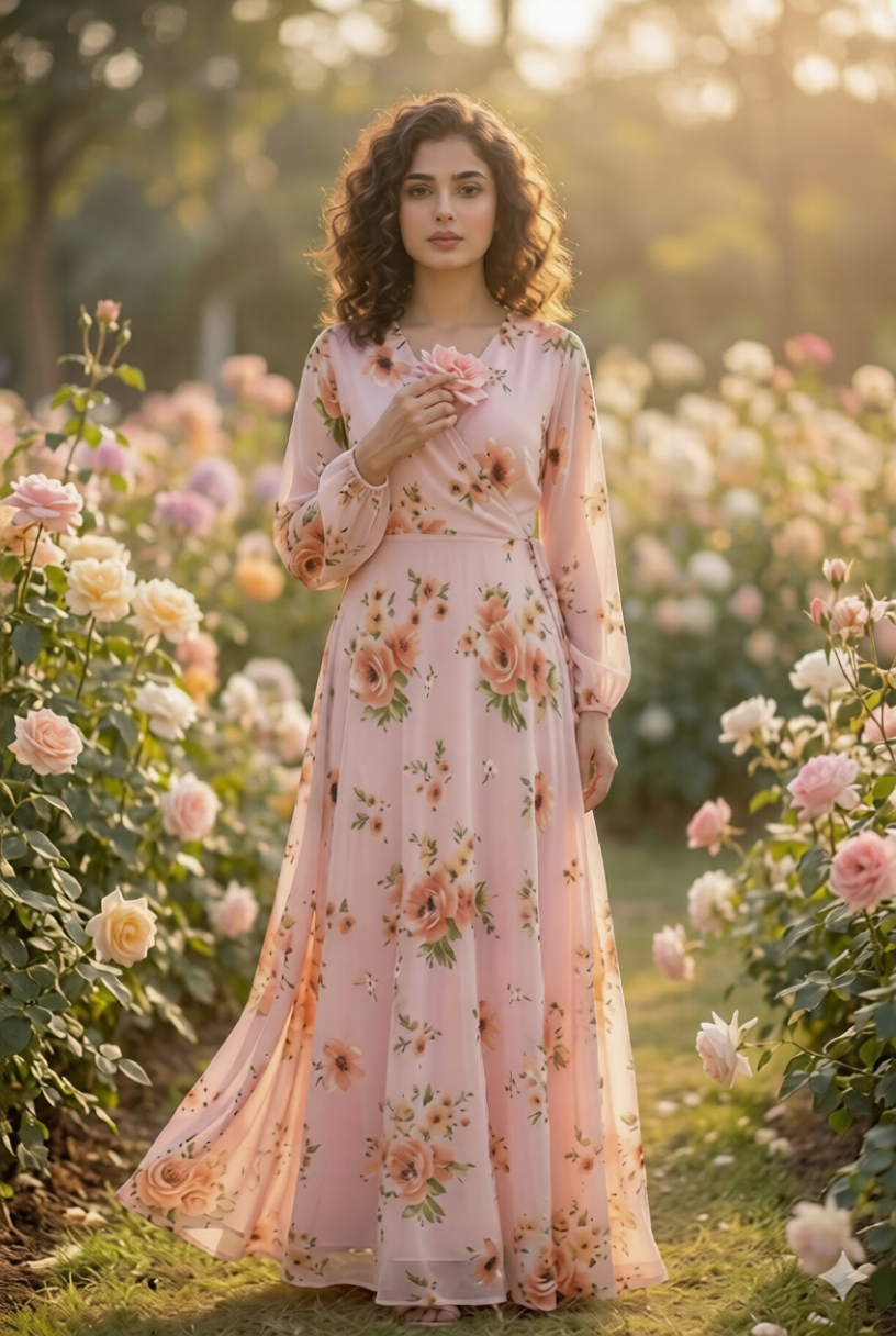 Pink Floral Maxi Dress | Summer Georgette Full Length Outfit
