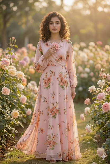 Pink Floral Maxi Dress | Summer Georgette Full Length Outfit