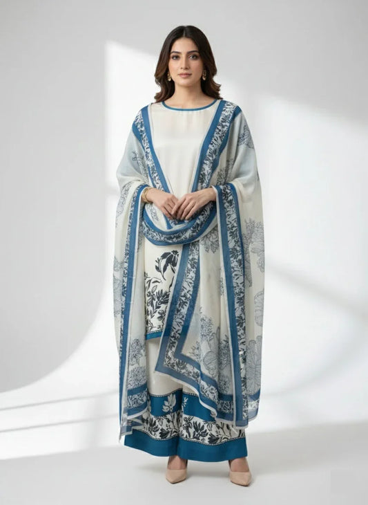 Unstitched 3-piece Silk with blue and black floral designs