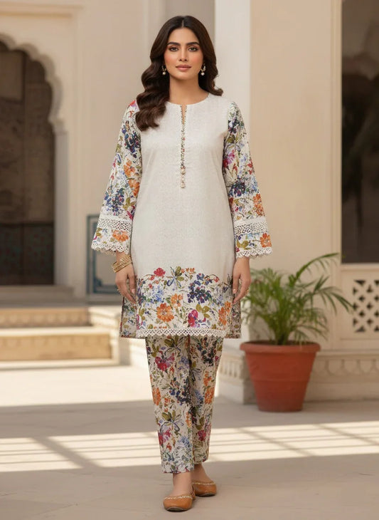 Unstitched 3-piece Silk with red floral designs offwhite base