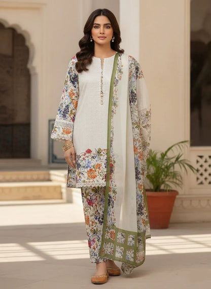 Unstitched 3-piece Silk with red floral designs offwhite base