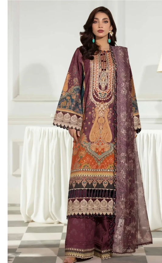 Unstitch Slub Khaddar Embroidered Suit with Chiffon Dupatta