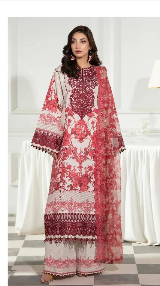 3 Piece Slub Khaddar Embroidered Suit with Chiffon Dupatta
