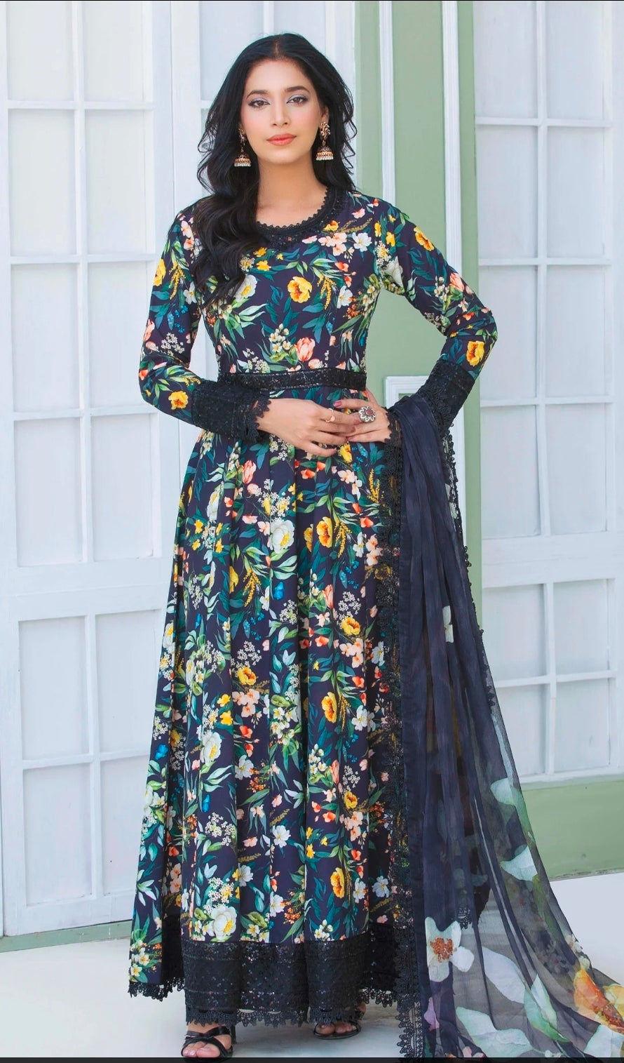 3 Piece Slub Khaddar Embroidered Suit with Chiffon Dupatta
