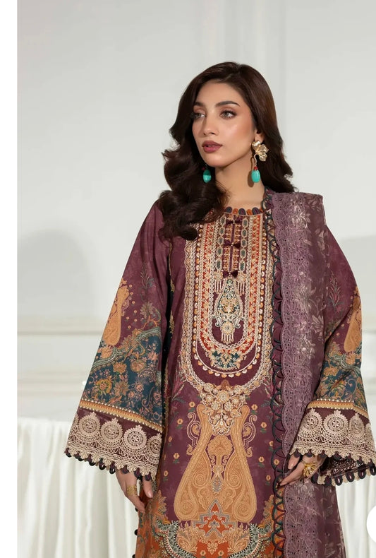 Unstitch Slub Khaddar Embroidered Suit with Chiffon Dupatta