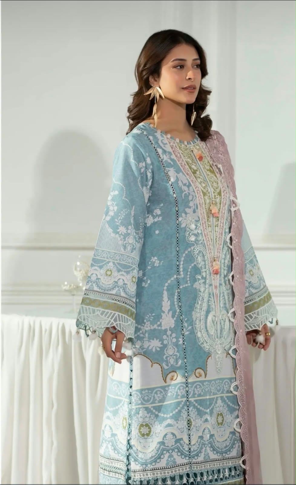 3 Piece Slub Khaddar Embroidered Suit with Chiffon Dupatta