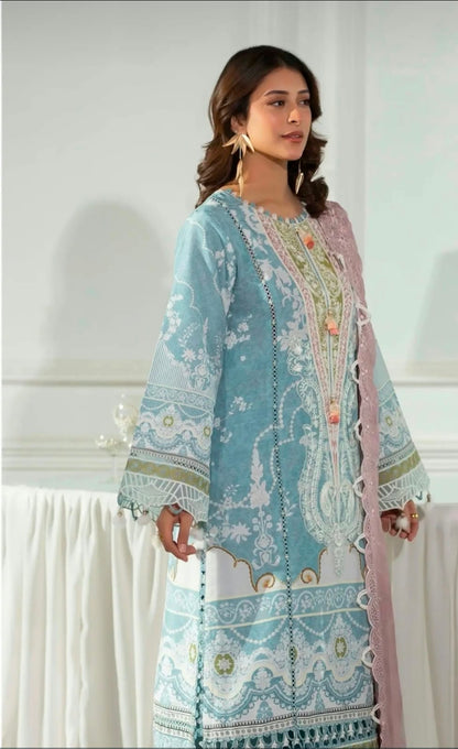 3 Piece Slub Khaddar Embroidered Suit with Chiffon Dupatta