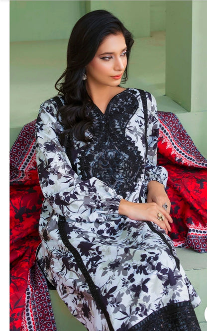 3 Piece Slub Khaddar Embroidered Suit with Chiffon Dupatta
