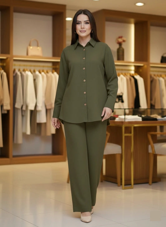 Co-Ord Set in Turkish Butter Georgette - Short shirt-Olive Green