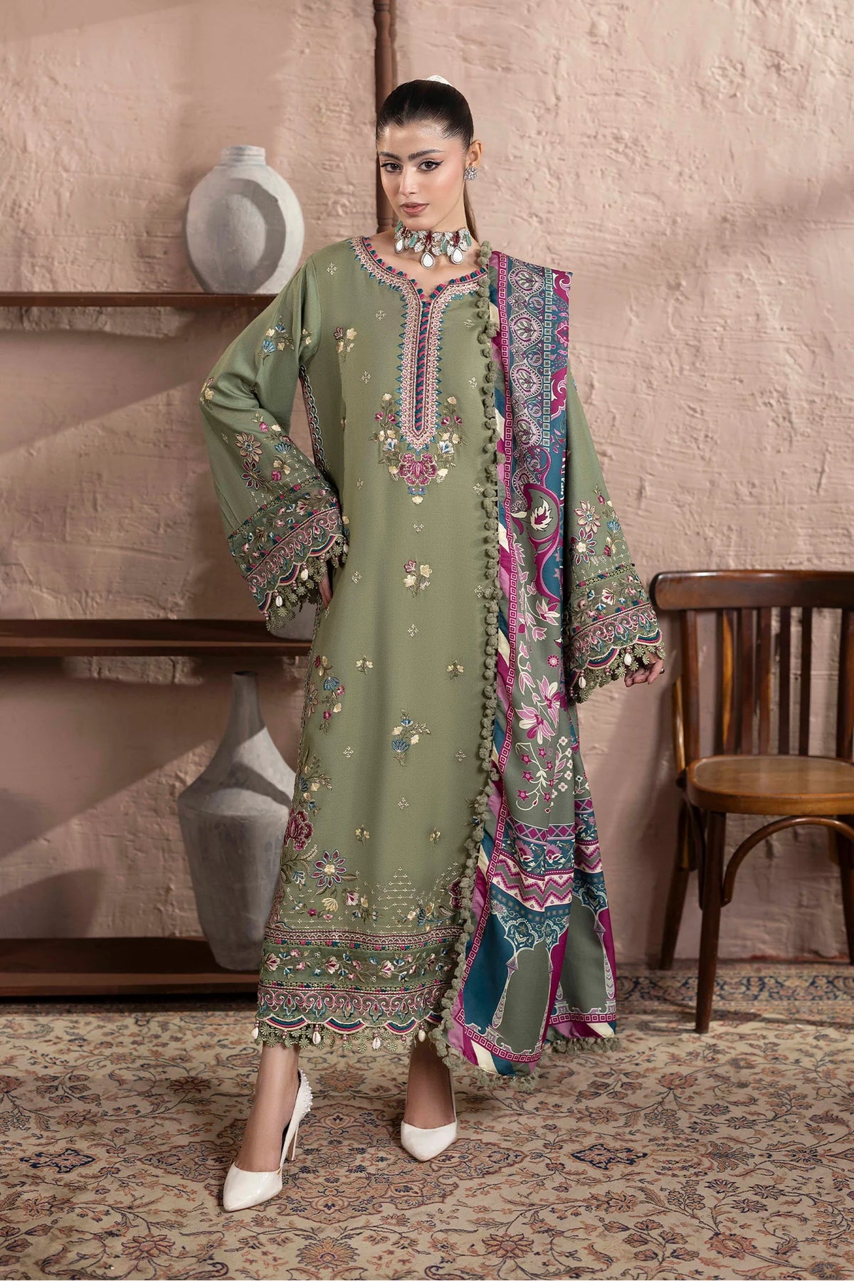 3-Piece Unstitched Embroidered Dhanak Suit