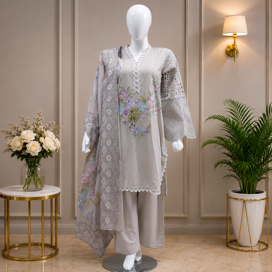 Three-Piece Embroidered Chickenkari Lawn – D06