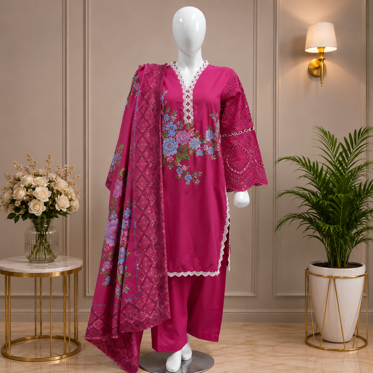 Three-Piece Embroidered Chickenkari Lawn – D06