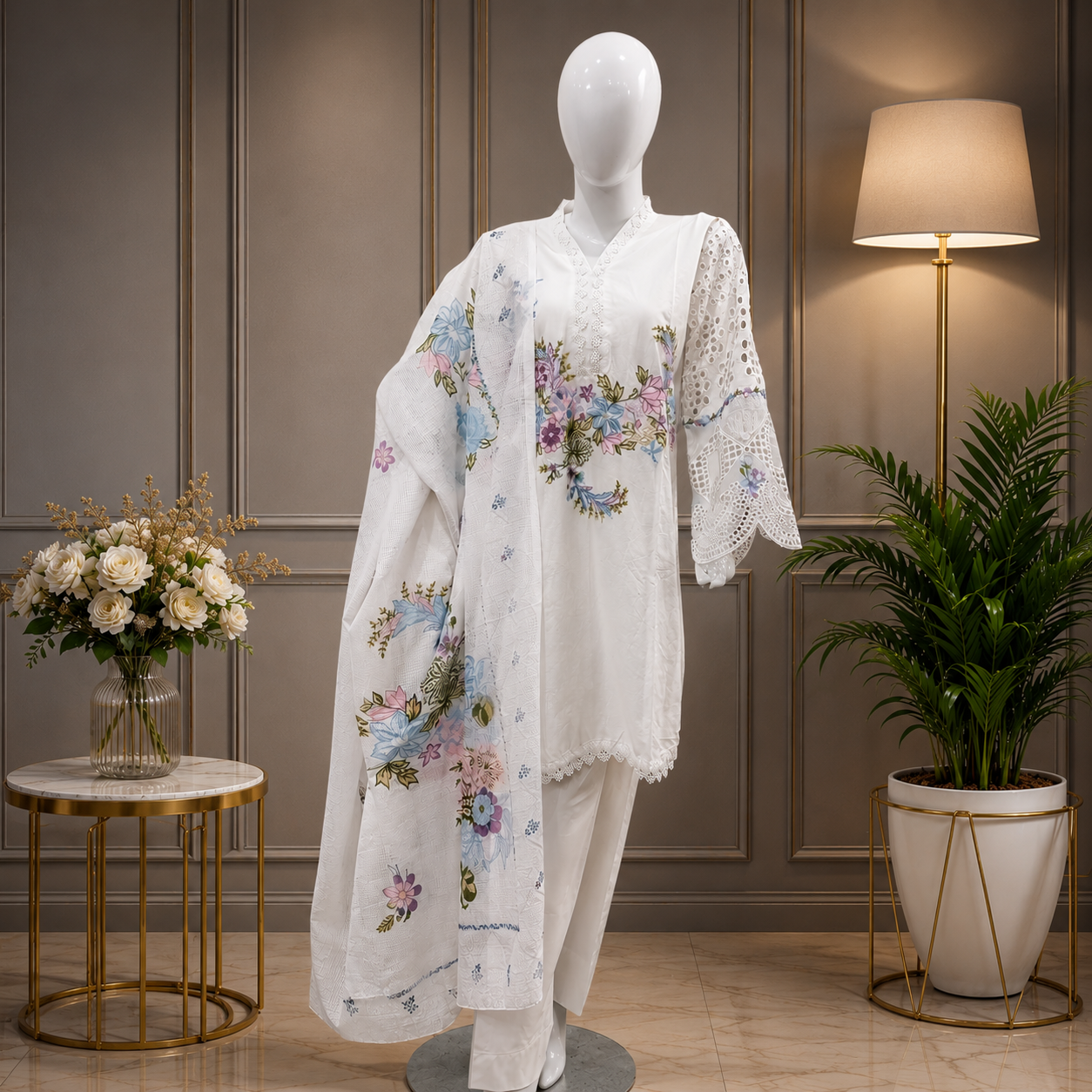 Three-Piece Embroidered Chickenkari Lawn – D06