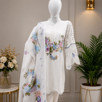 Three-Piece Embroidered Chickenkari Lawn – D06